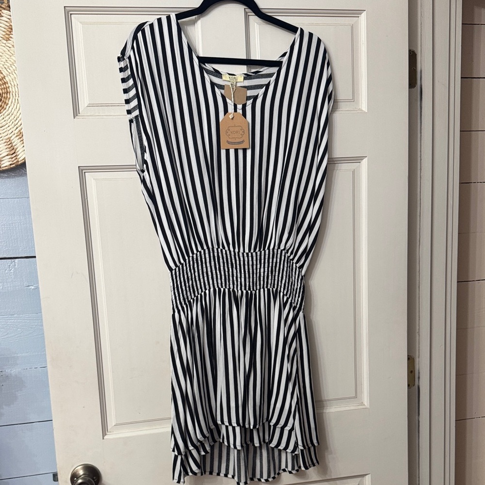 Kori Black and White Striped High Low Dress